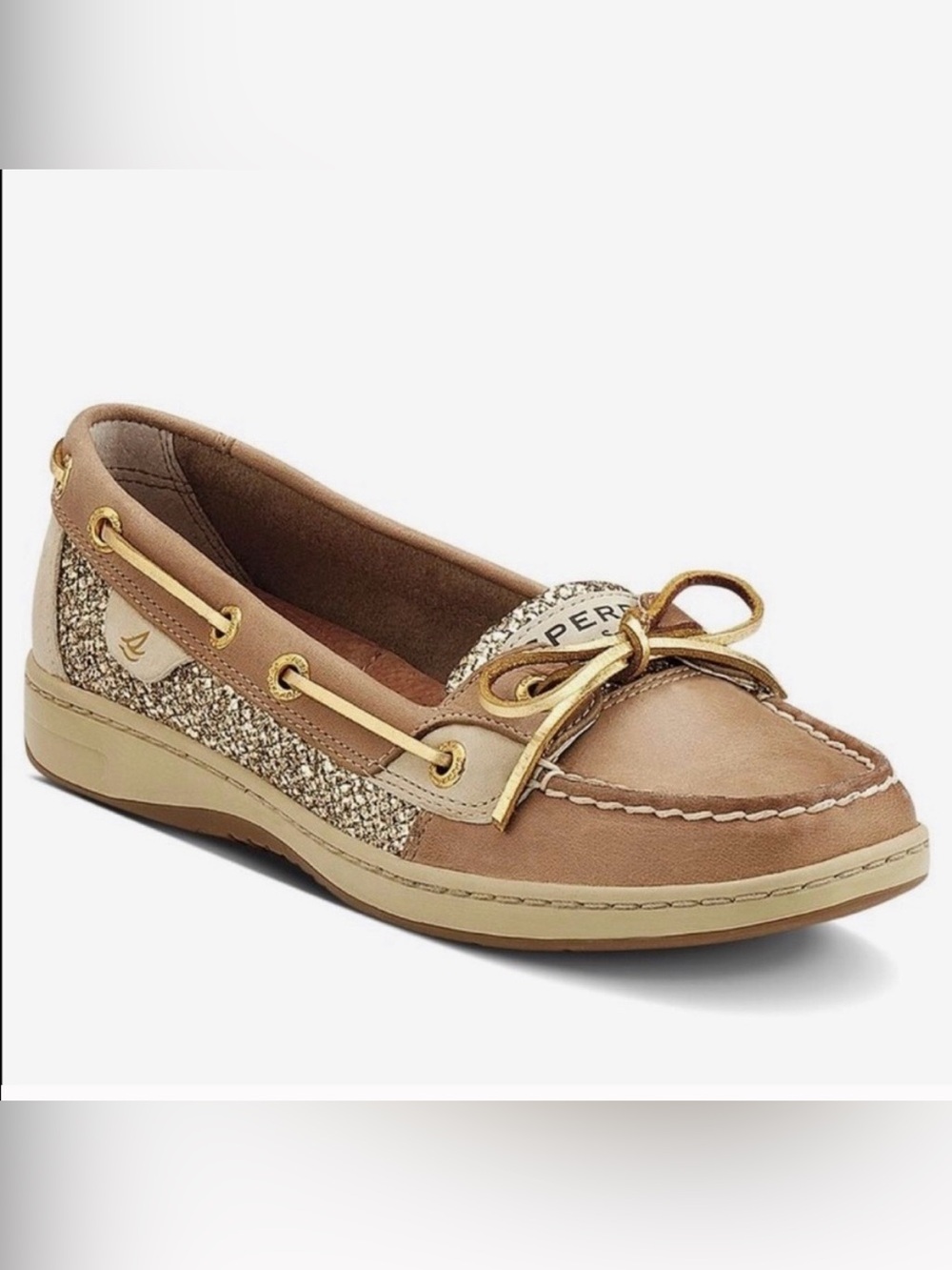 Sperry Women’s Tan and Gold Glitter Moccasin Boat Shoe